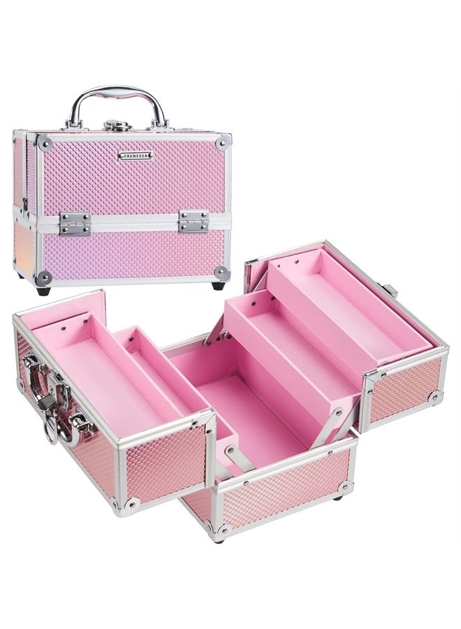 Frenessa Makeup Train Case Portable Makeup Case Cosmetic Organizer Box 4 Trays Travel Makeup Storage Case Jewelry Organizer with Lockable Pink Lining for Girls Makeup Tools, Nail Kit, Crafts Makeup Bo