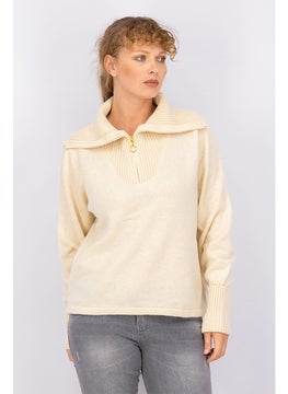 Tchibo Women High Neckline Long Sleeve Textured Sweater, Antique White  - Image 1