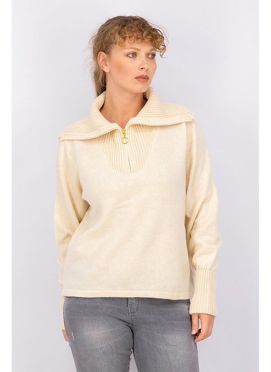 Tchibo - Women High Neckline Long Sleeve Textured Sweater, Antique White - Image 1