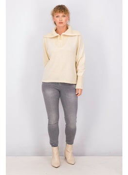 Tchibo Women High Neckline Long Sleeve Textured Sweater, Antique White  - Image 4