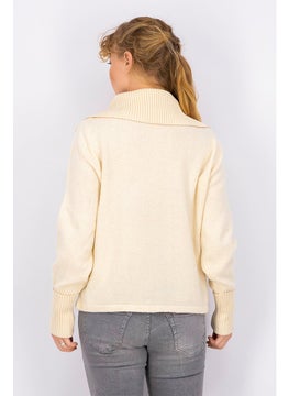 Tchibo Women High Neckline Long Sleeve Textured Sweater, Antique White  - Image 3