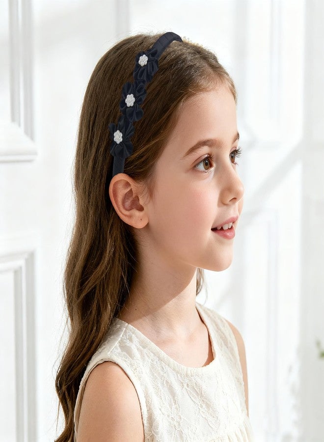 7Rainbows Boutique Triple Satin Flowers with 7 Faux Pearls Black Headbands for Girls Toddlers Teens and Even Adults. - Image 2