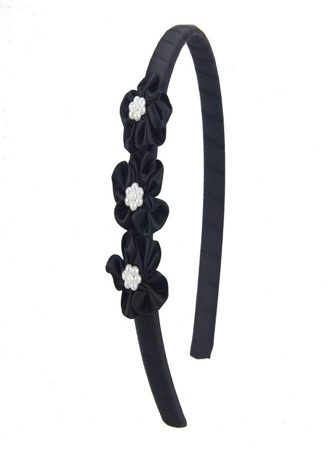 7Rainbows Boutique Triple Satin Flowers with 7 Faux Pearls Black Headbands for Girls Toddlers Teens and Even Adults. - Image 1