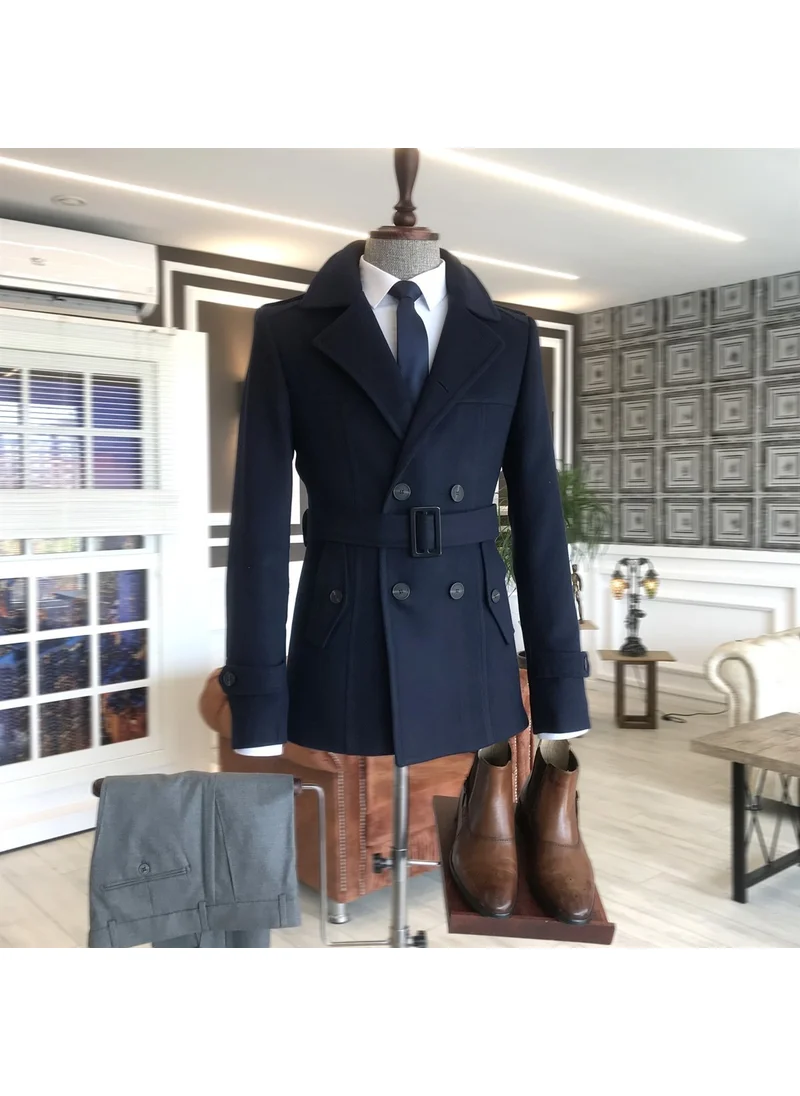 Terzi Adem Tailor Adem Italian Style Men's Short Cashmere Trench Coat Jacket Navy Blue T4391