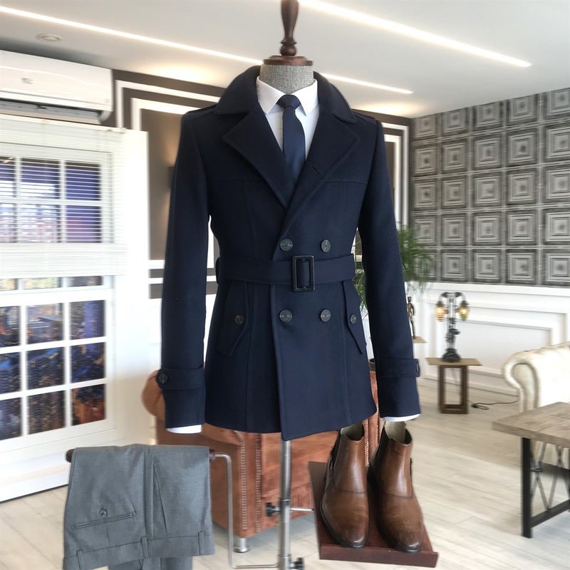Terzi Adem Tailor Adem Italian Style Men's Short Cashmere Trench Coat Jacket Navy Blue T4391  - Image 1
