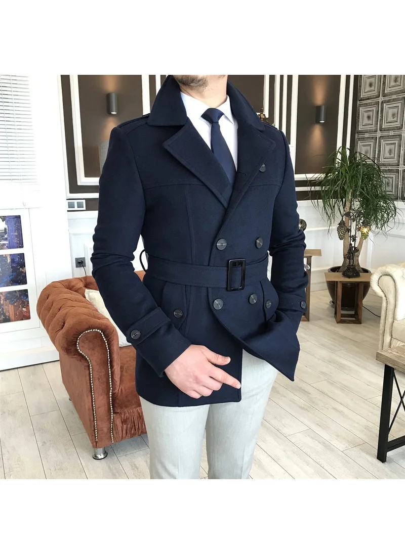 Terzi Adem Tailor Adem Italian Style Men's Short Cashmere Trench Coat Jacket Navy Blue T4391