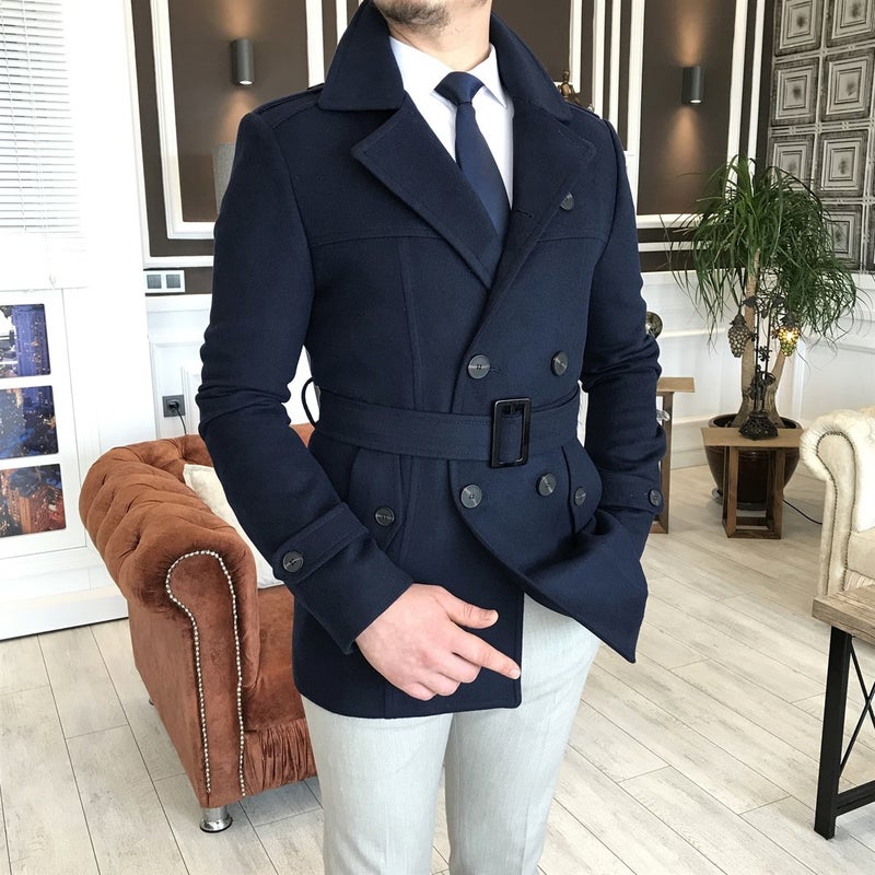 Terzi Adem Tailor Adem Italian Style Men's Short Cashmere Trench Coat Jacket Navy Blue T4391  - Image 2