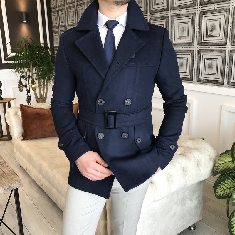 Terzi Adem Tailor Adem Italian Style Men's Short Cashmere Trench Coat Jacket Navy Blue T4391  - Image 3
