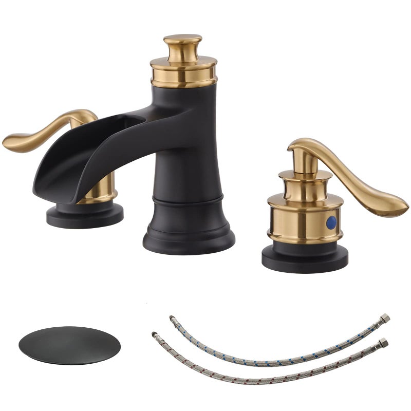 BWE Widespread Bathroom Faucet 3 Hole Black and Gold 8 Inch Two Handles Commercial Bathroom Sink Faucet with Brass Pop Up Drain Stopper and Supply Lines Bath Vanity Lavatory Mixer Tap