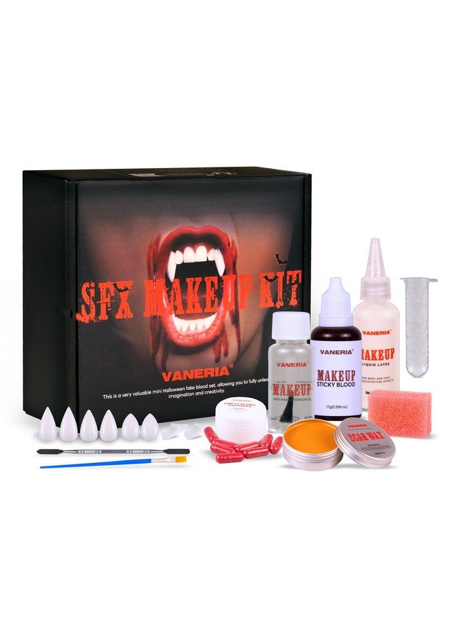 VANERIA Halloween Vampire Makeup Kit,Sfx Makeup,Liquid Latex+Scar Wax+Fake Blood Capsules+Vampire Fangs+Scar Oil+Painting Brushe+Spatula+Stipple Sponge,Special Effects Makeup Kit Professional - Image 1