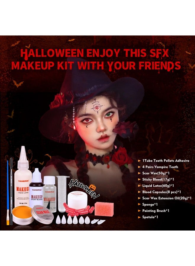 VANERIA Halloween Vampire Makeup Kit,Sfx Makeup,Liquid Latex+Scar Wax+Fake Blood Capsules+Vampire Fangs+Scar Oil+Painting Brushe+Spatula+Stipple Sponge,Special Effects Makeup Kit Professional - Image 2