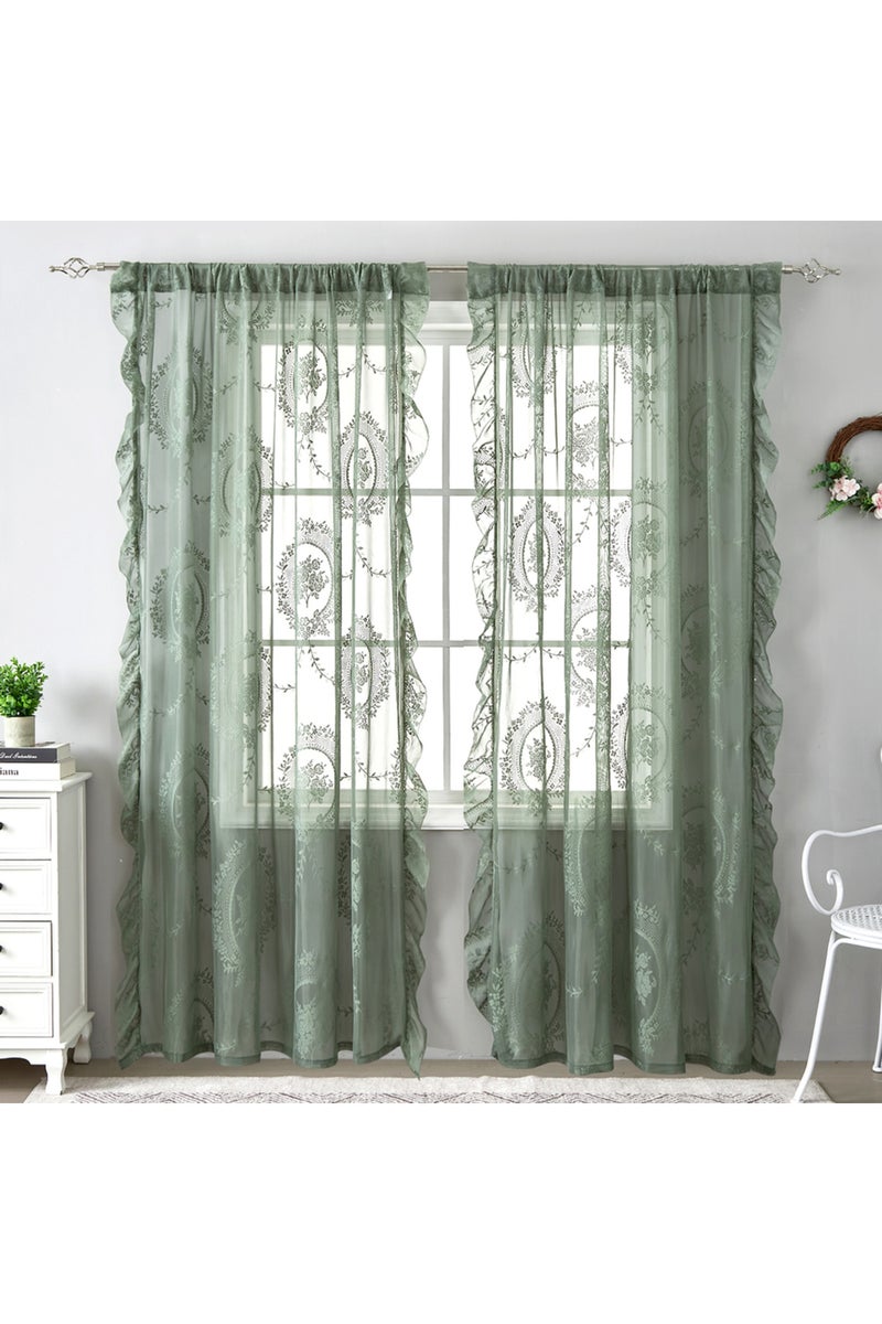 ستائر تول شفافة خضراء بتصميم فرنسي كلاسيكي، بكسرات ثابتة، مقاس 140×260 سم، مزينة بكشكشة دانتيل، مناسبة لغرف الفتيات.
