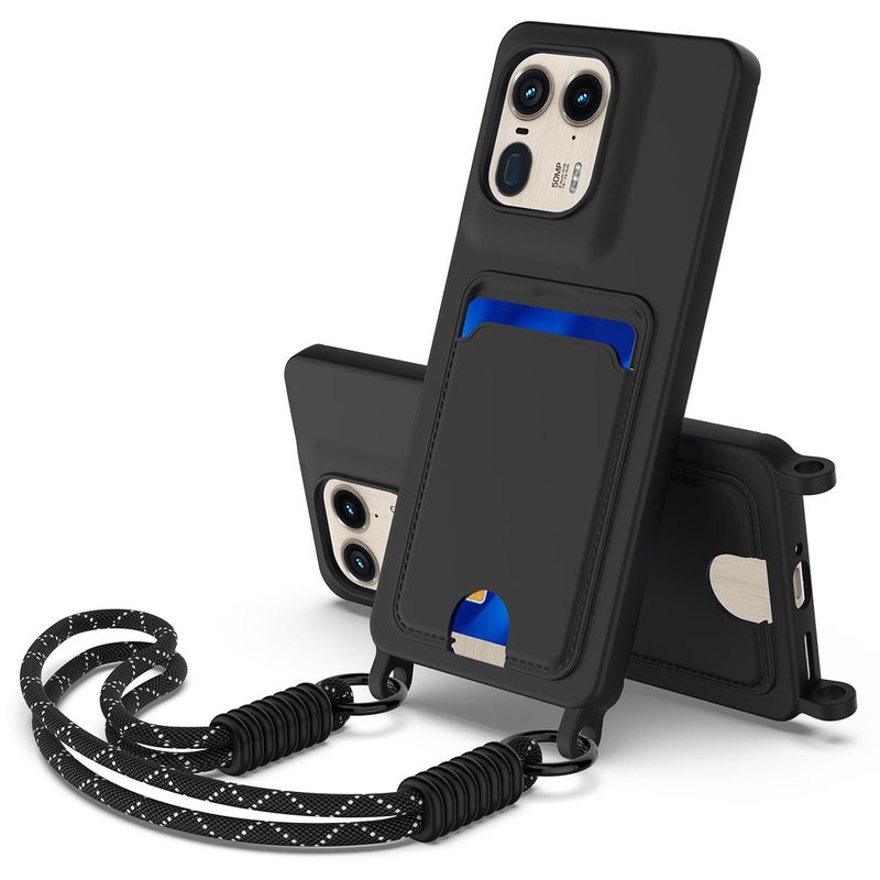 إيروريكس جراب هاتف Motorola Edge 50 Ultra المدمج ببطاقة، بلون سادة، من السيليكون السائل، الجيل الثاني، مع حبل قصير (أسود) - Image 1