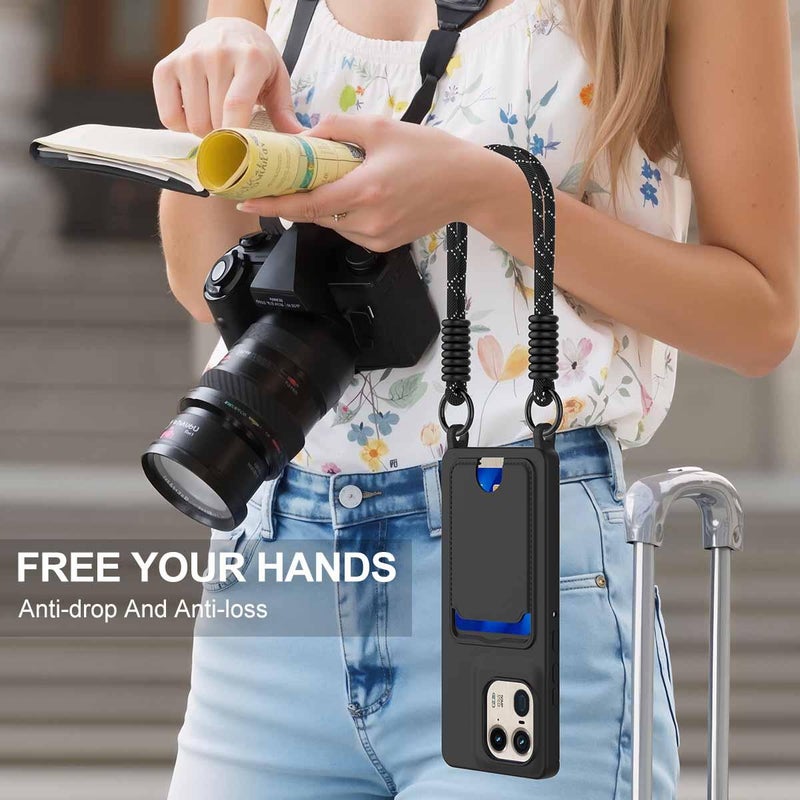 إيروريكس جراب هاتف Motorola Edge 50 Ultra المدمج ببطاقة، بلون سادة، من السيليكون السائل، الجيل الثاني، مع حبل قصير (أسود) - Image 2