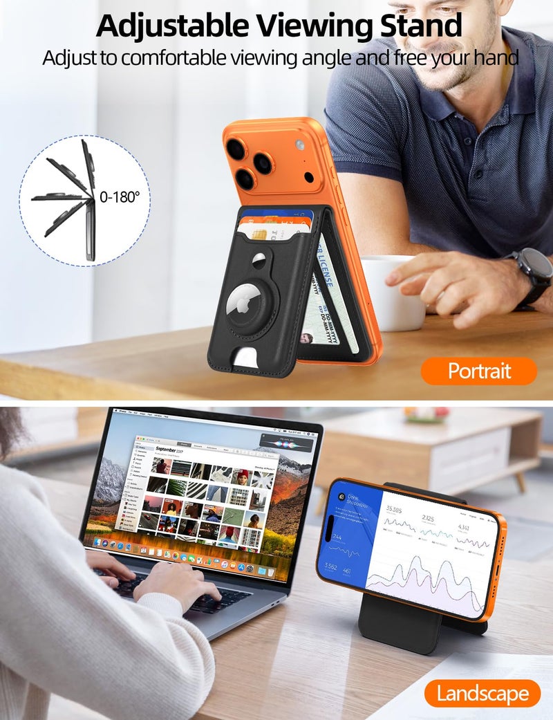 HiWe for Magsafe Wallet Stand with Airtag Holder, Strongest Magnetic Wallet for iPhone 17/16/15/14/13/12 Series, 6 Cards Holder, ID Window, Leather RFID, 3 Slots, Black - Image 4