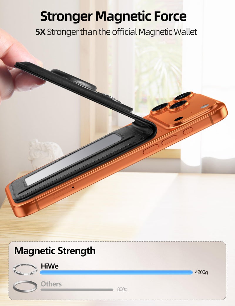 HiWe for Magsafe Wallet Stand with Airtag Holder, Strongest Magnetic Wallet for iPhone 17/16/15/14/13/12 Series, 6 Cards Holder, ID Window, Leather RFID, 3 Slots, Black - Image 2