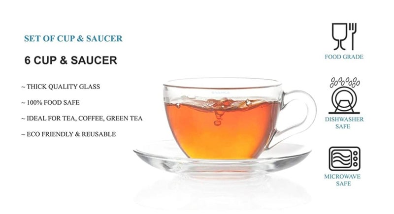 SYANKA Premium Glass Tea Cup and Saucer Set of 6 (200 ML) - Transparent Italian Designer Set for Coffee, Green Tea, Herbal Tea, Lemon Tea - Image 5
