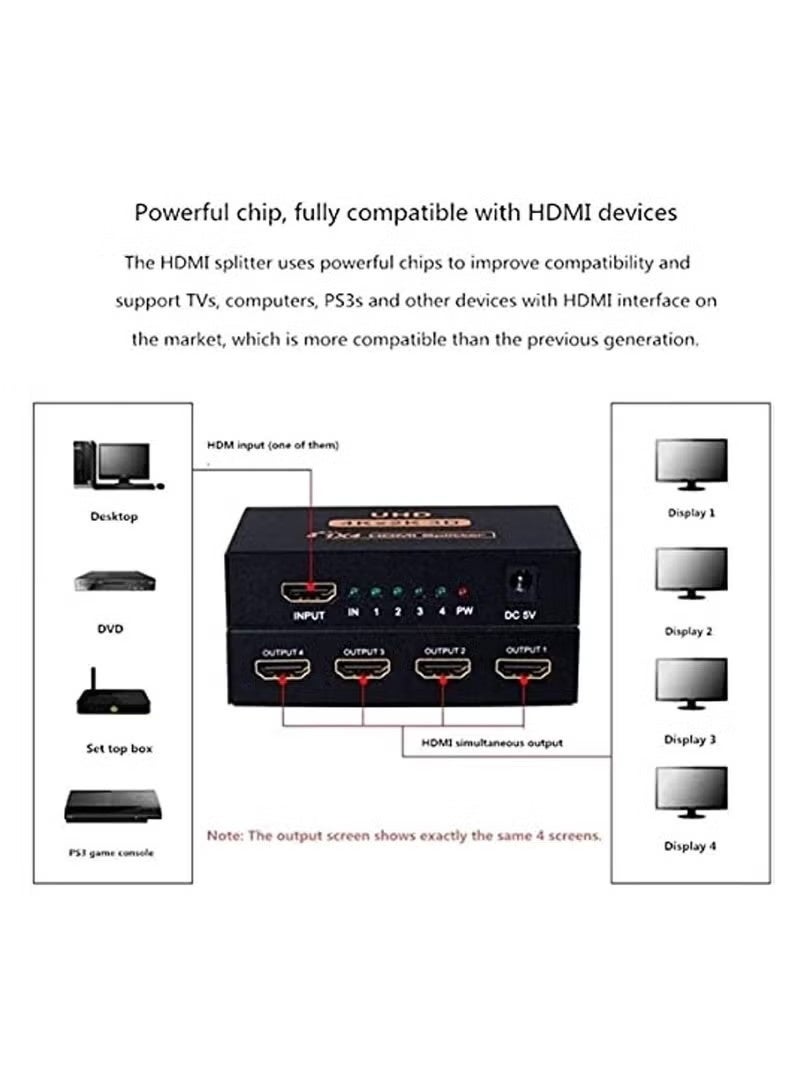 4K Hdmi Video Splitter 1 In 4 Out V1 4B Powered Hdmi Splitter With Ac Adaptor Supports Hdcp Ultra Hd 1080P 2K And 3D Resolutions - Image 3