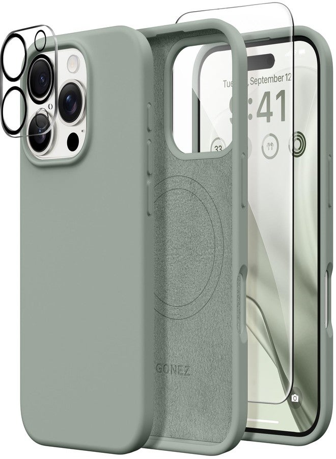 غونيز جراب مغناطيسي من GONEZ لهاتف iPhone 16 Pro، متوافق مع MagSafe، [واقي شاشة + واقي عدسة الكاميرا]، جراب سيليكون مقاوم للصدمات والخدوش، مقاس 6.3 بوصة، لون أخضر كالكي - Image 1