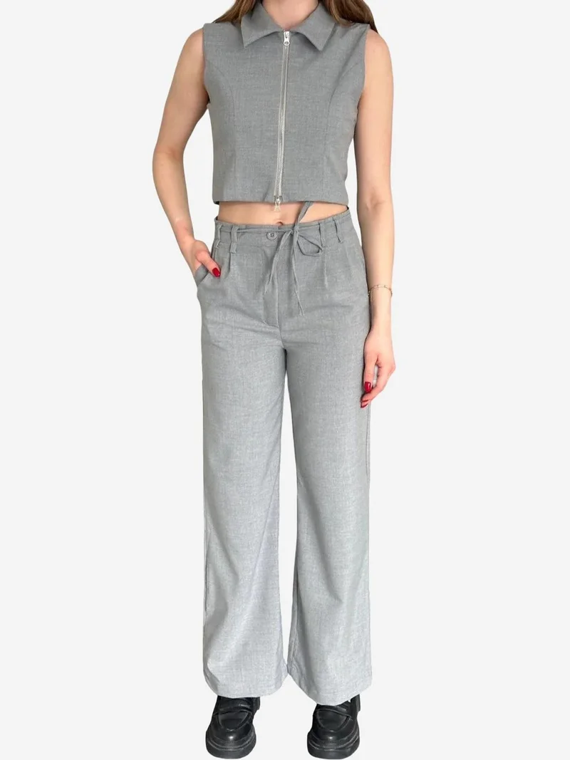 My Fashion Grey MY FASHION Sleeveless Zippered Vest & Wide Leg Pants Two-Piece Coord Set for Women | Best Price UAE