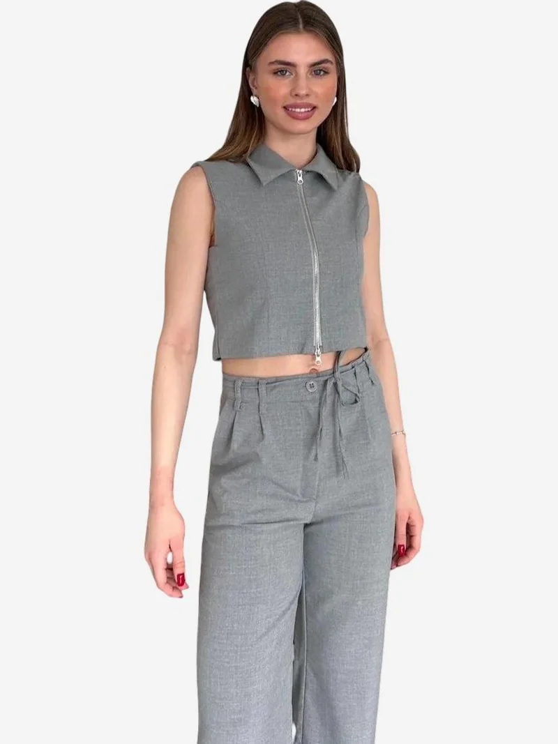 ماي فاشن MY FASHION Sleeveless Zippered Vest & Wide Leg Pants Two-Piece Coord Set