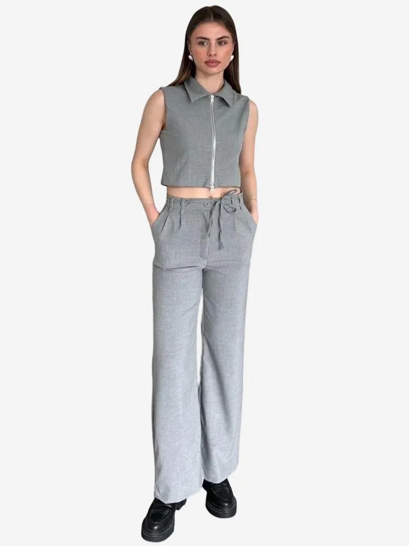 ماي فاشن MY FASHION Sleeveless Zippered Vest & Wide Leg Pants Two-Piece Coord Set