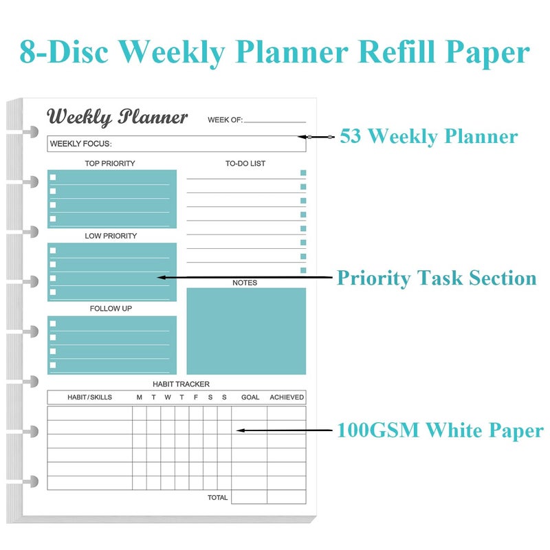 Yaridar Junior Size Undated Weekly Planner Refills - 8-Disc 53 Sheets/106 Pages Weekly Planner for Half Letter Size, 100 gsm White Paper, Lasts 1 Year, Undated, 5.8" x 8.3", Teal - Image 5