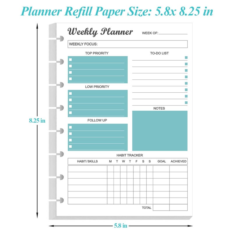 Yaridar Junior Size Undated Weekly Planner Refills - 8-Disc 53 Sheets/106 Pages Weekly Planner for Half Letter Size, 100 gsm White Paper, Lasts 1 Year, Undated, 5.8" x 8.3", Teal - Image 4