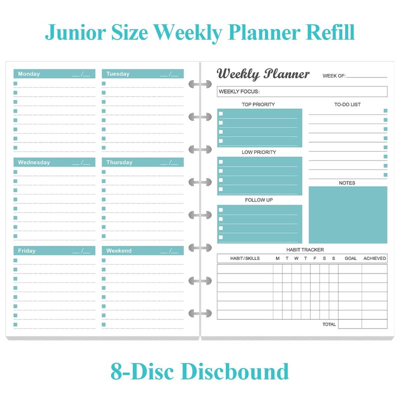 Yaridar Junior Size Undated Weekly Planner Refills - 8-Disc 53 Sheets/106 Pages Weekly Planner for Half Letter Size, 100 gsm White Paper, Lasts 1 Year, Undated, 5.8" x 8.3", Teal - Image 2