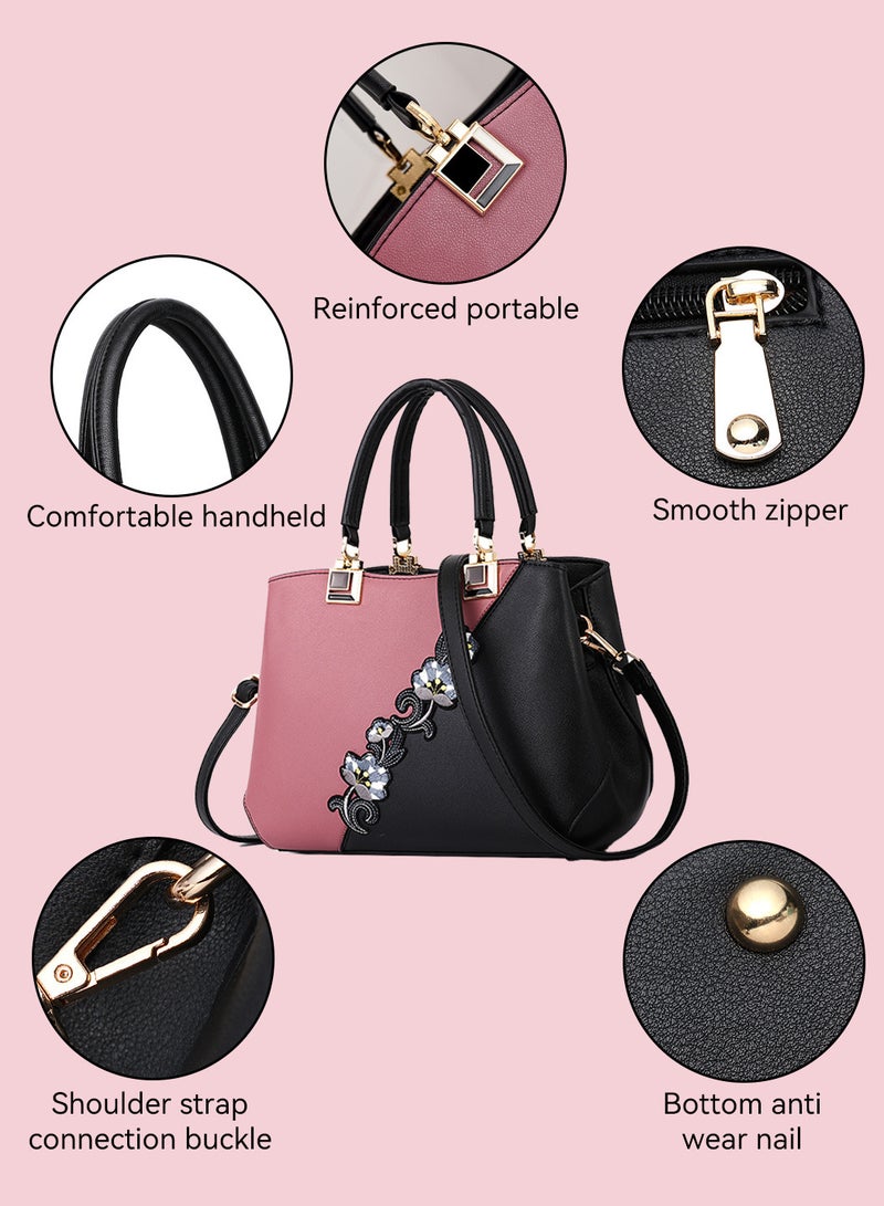 Moovant Women's Elegant Handbag, Embroidered Messenger Bag, PU Leather Shoulder Bag, Color Contrast Crossbody Bag, Pink/Black  - Image 5