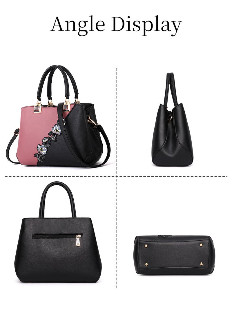 Moovant Women's Elegant Handbag, Embroidered Messenger Bag, PU Leather Shoulder Bag, Color Contrast Crossbody Bag, Pink/Black  - Image 4