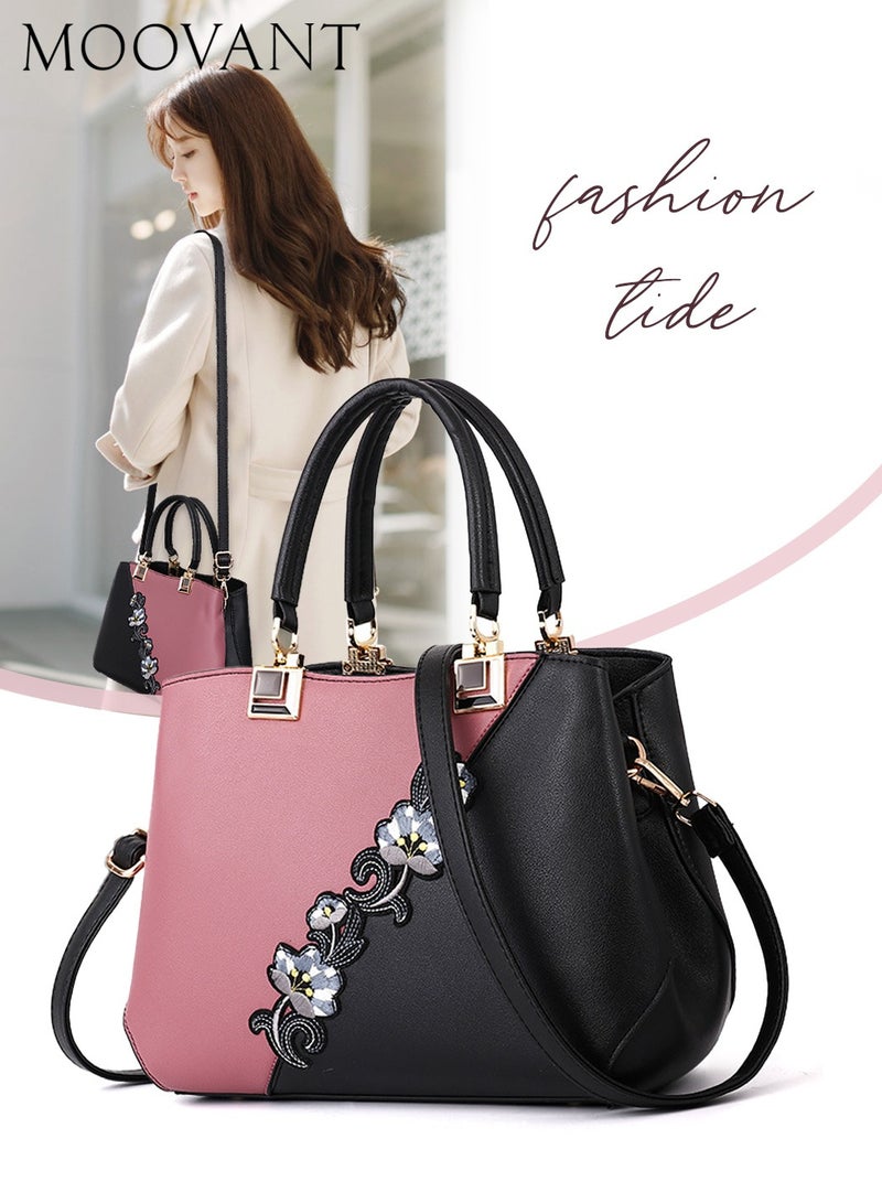 Moovant Women's Elegant Handbag, Embroidered Messenger Bag, PU Leather Shoulder Bag, Color Contrast Crossbody Bag, Pink/Black  - Image 1