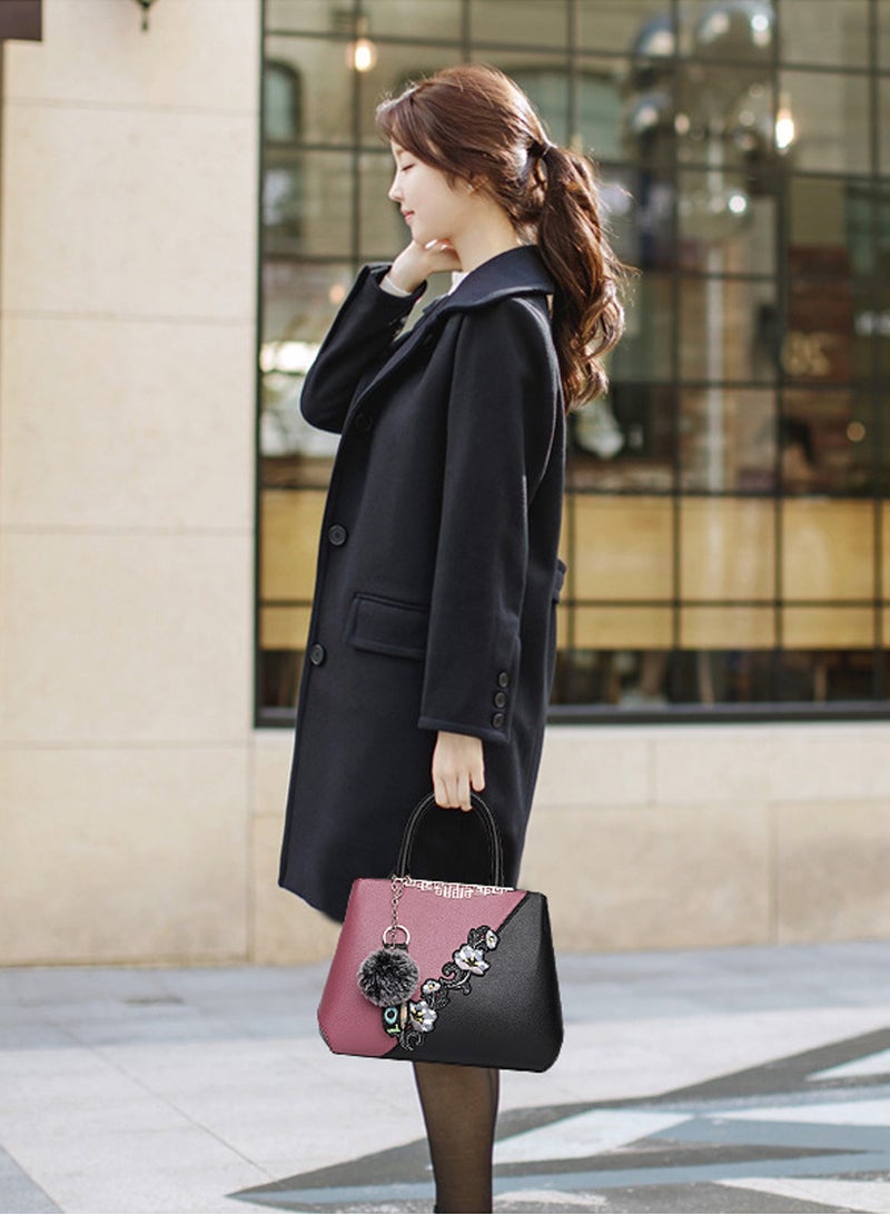 Moovant Women's Elegant Handbag, Embroidered Messenger Bag, PU Leather Shoulder Bag, Color Contrast Crossbody Bag, Pink/Black  - Image 2