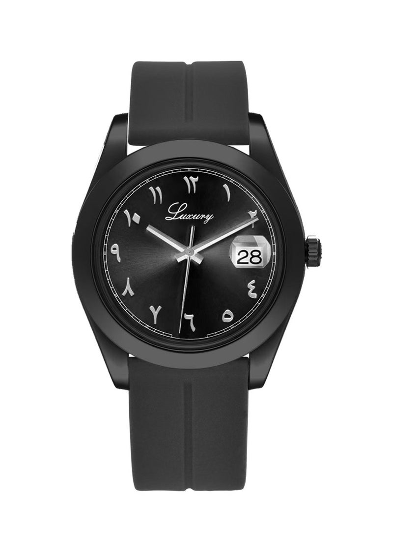 Men's rubber wristwatch with Arabic numerals - water resistant, high quality, black strap with black dial