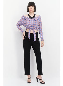 ONLY Women Spread Collar Long Sleeves Checkered Top, Blue  - Image 3