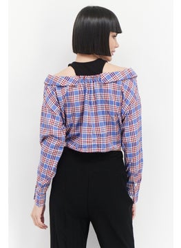 ONLY Women Spread Collar Long Sleeves Checkered Top, Blue  - Image 2