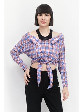 ONLY Women Spread Collar Long Sleeves Checkered Top, Blue  - Image 1