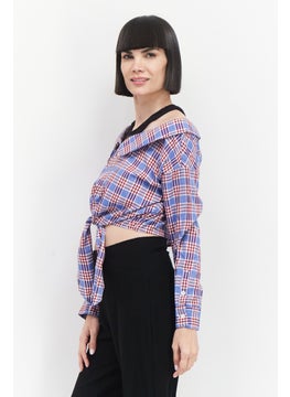 ONLY Women Spread Collar Long Sleeves Checkered Top, Blue  - Image 4