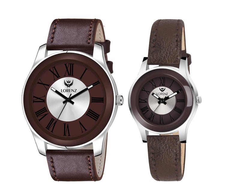 LORENZ Leather Combo Of Two Tone Dial Analog Couple Watch For Men & Women Am-12A,Band Color-Brown - Image 1