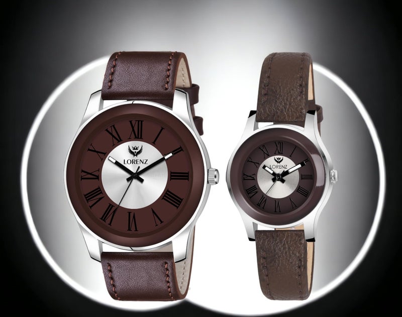 LORENZ Leather Combo Of Two Tone Dial Analog Couple Watch For Men & Women Am-12A,Band Color-Brown - Image 2