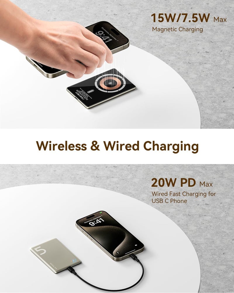 KUULAA Magnetic Power Bank for iPhone 5000mAh 20W, Magsafe Power Bank, Wireless Portable Charger External Battery Pack Compatible With iPhone 17/16/15/14/13/12 Series - Titanium - Image 3