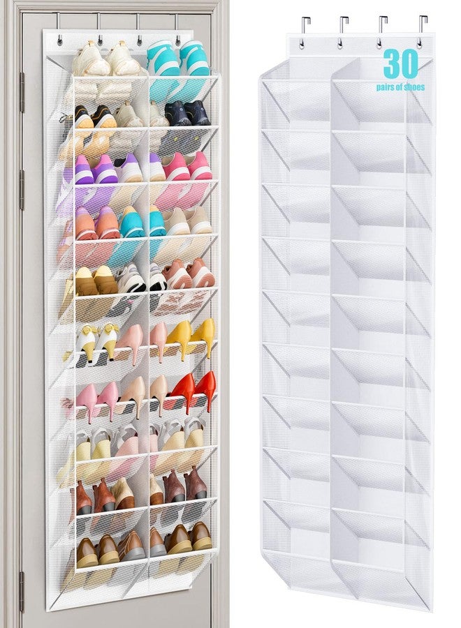 MISSLO 30 Pairs Over the Door Shoe Organizer Breathable Mesh Hanging Shoe Rack for Closet Storage with Wide Deep Pockets 10 Tier Shoes Holder Fit All the Family's Sneakers, Boots, Heels (White, 71") - Image 1