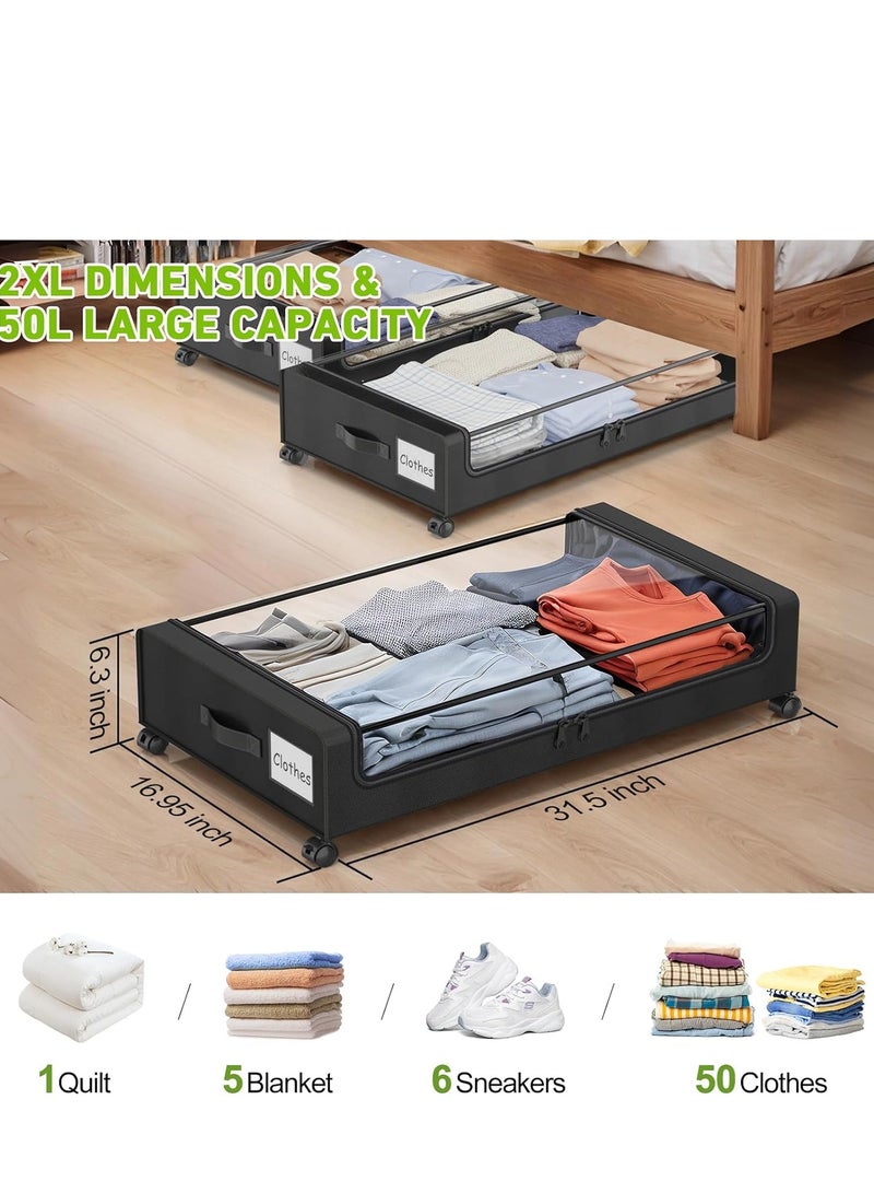 اكسيسن 2 قطعة تخزين تحت السرير مع عجلات، حاويات تخزين كبيرة سعة 50 لتر مع أغطية، صناديق تنظيم الملابس والأحذية تحت السرير، صندوق تخزين البطانيات والألعاب لغرفة النوم أو السكن الجامعي - Image 2