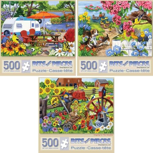 Bits and Pieces 500 Piece Jigsaw Puzzle Set  Value 3Pack Farm Flowers  Animals by Nancy Wernersbach  Colorful Adult Puzzles 18 x 24 Unique Random Cut Pieces - Image 1