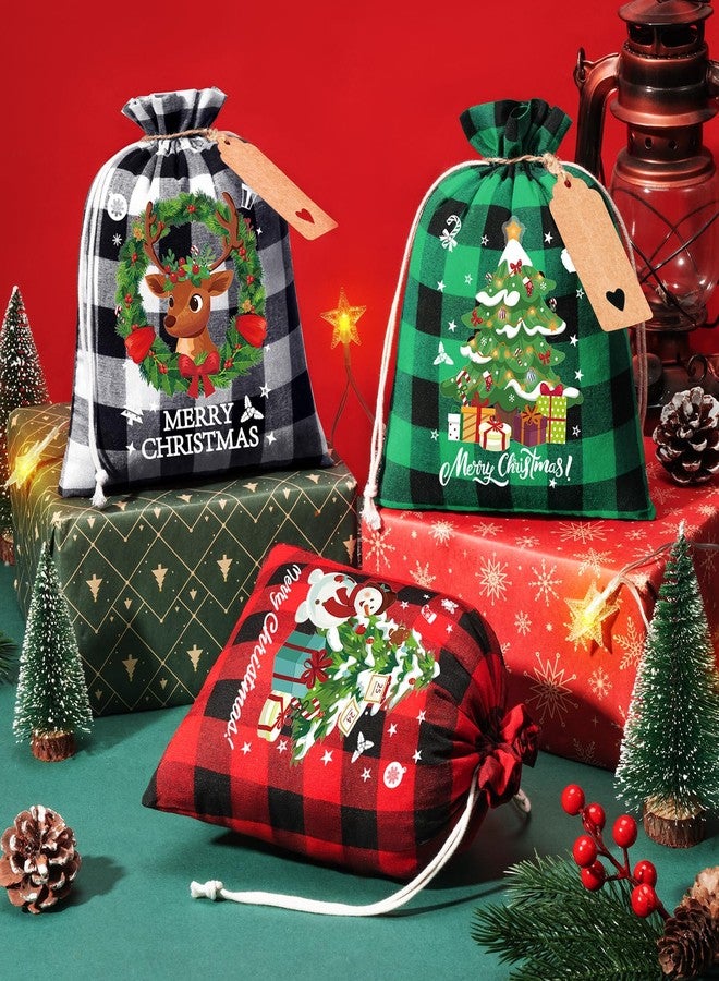 FLOE 24Pcs Burlap Christmas Drawstring Bags, 8x10in Buffalo Plaid Xmas Gift Bags w/Tag Xmas Candy Bag Medium Christmas Linen Treat Goody Gift Sacks Reusable Gifts Wrapping Bag for Holiday Party Favor - Image 3