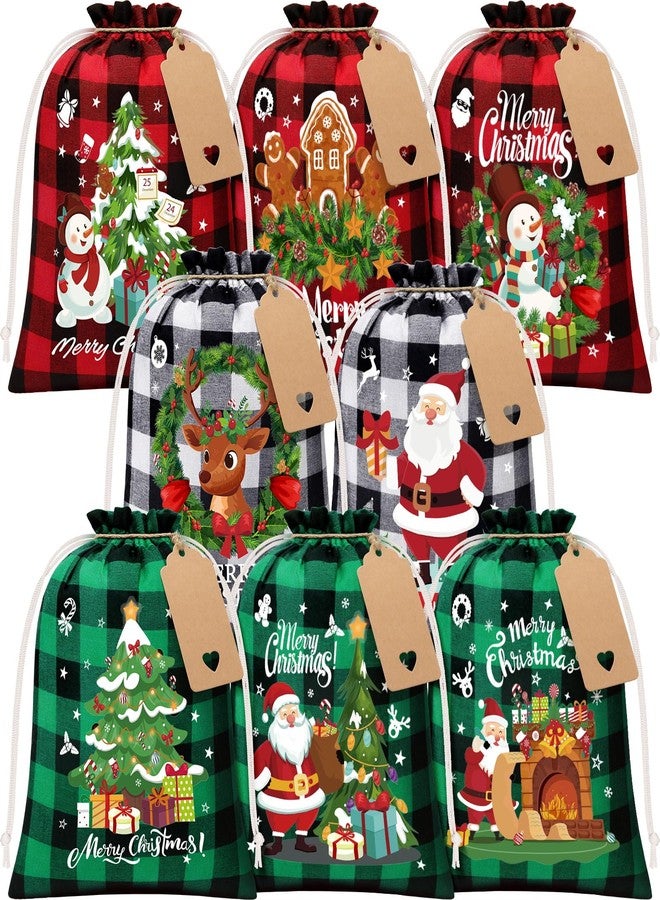 FLOE 24Pcs Burlap Christmas Drawstring Bags, 8x10in Buffalo Plaid Xmas Gift Bags w/Tag Xmas Candy Bag Medium Christmas Linen Treat Goody Gift Sacks Reusable Gifts Wrapping Bag for Holiday Party Favor - Image 1