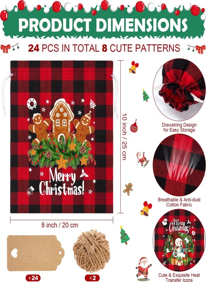FLOE 24Pcs Burlap Christmas Drawstring Bags, 8x10in Buffalo Plaid Xmas Gift Bags w/Tag Xmas Candy Bag Medium Christmas Linen Treat Goody Gift Sacks Reusable Gifts Wrapping Bag for Holiday Party Favor - Image 2