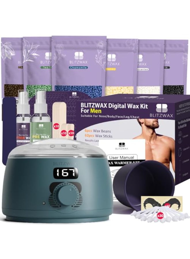 BLITZWAX Back and Nose Waxing Kit for Men Hard Wax Warmer for Brazilian Body and Face At Home Hair Removal Kit Beginner Friendly Quick Heating 93 Accessories Blue Spruce - Image 1