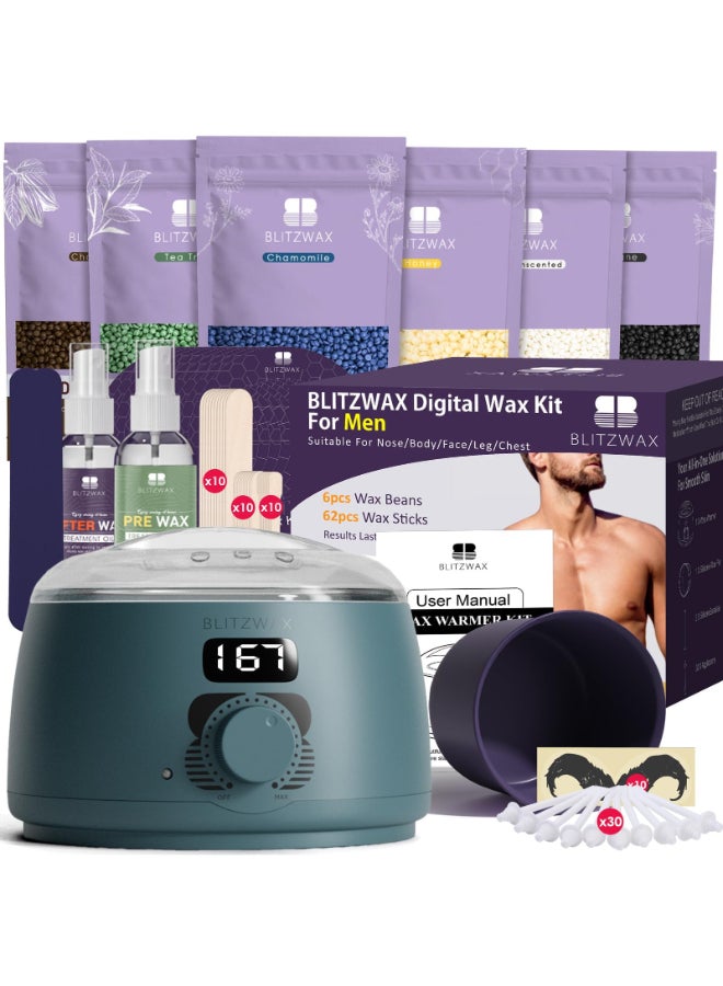 BLITZWAX Back and Nose Waxing Kit for Men Hard Wax Warmer for Brazilian Body and Face At Home Hair Removal Kit Beginner Friendly Quick Heating 93 Accessories Blue Spruce - Image 2