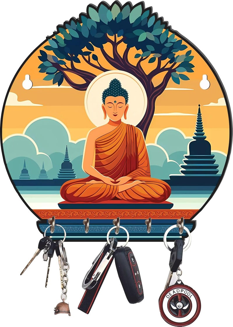 Webelkart Webelkart Premium Meditating Gautam Buddha Printed Wooden Key Holder for Home and Office Decor Home Decor Items for Wall Multi 10 inches  - Image 1